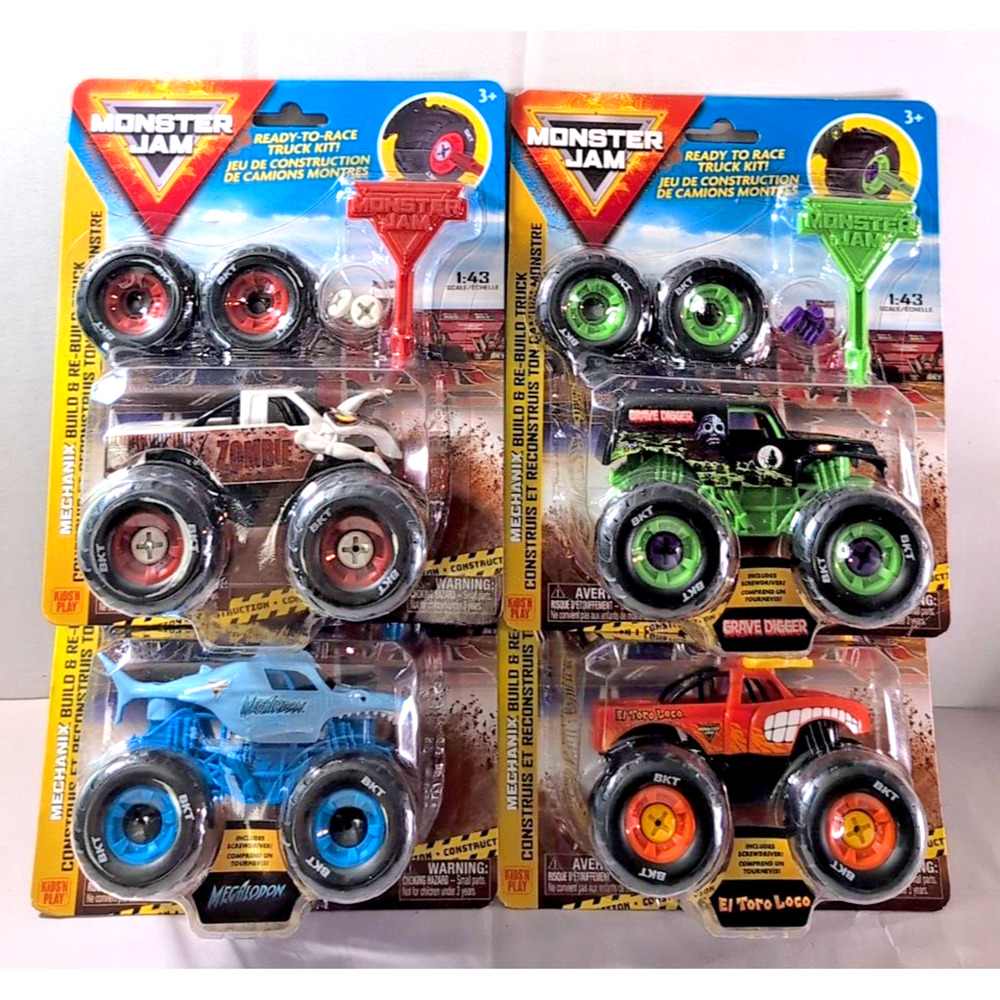 Monster Jam Mechanix Build-It Complete Set! x4 Grave Digger Meg ETL Zombie
